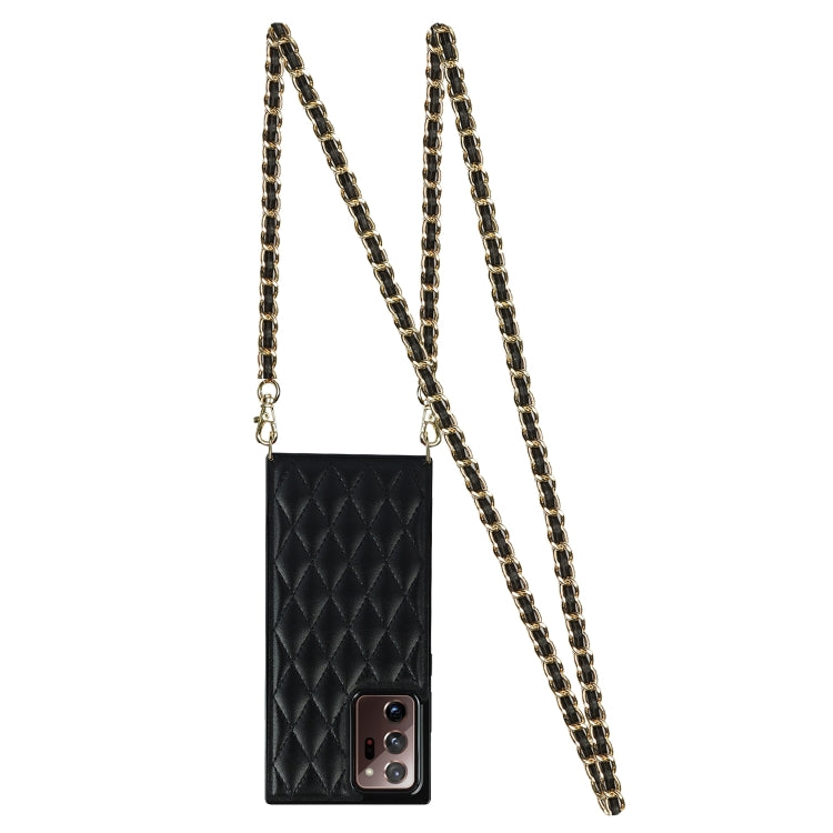 For Samsung Galaxy Note20 Ultra Elegant Rhombic Pattern Microfiber Leather +TPU Shockproof Case with Crossbody Strap Chain