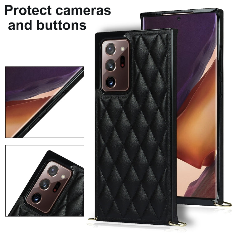 For Samsung Galaxy Note20 Ultra Elegant Rhombic Pattern Microfiber Leather +TPU Shockproof Case with Crossbody Strap Chain