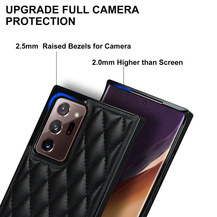 For Samsung Galaxy Note20 Ultra Elegant Rhombic Pattern Microfiber Leather +TPU Shockproof Case with Crossbody Strap Chain