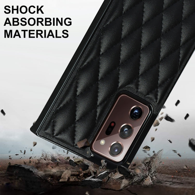 For Samsung Galaxy Note20 Ultra Elegant Rhombic Pattern Microfiber Leather +TPU Shockproof Case with Crossbody Strap Chain