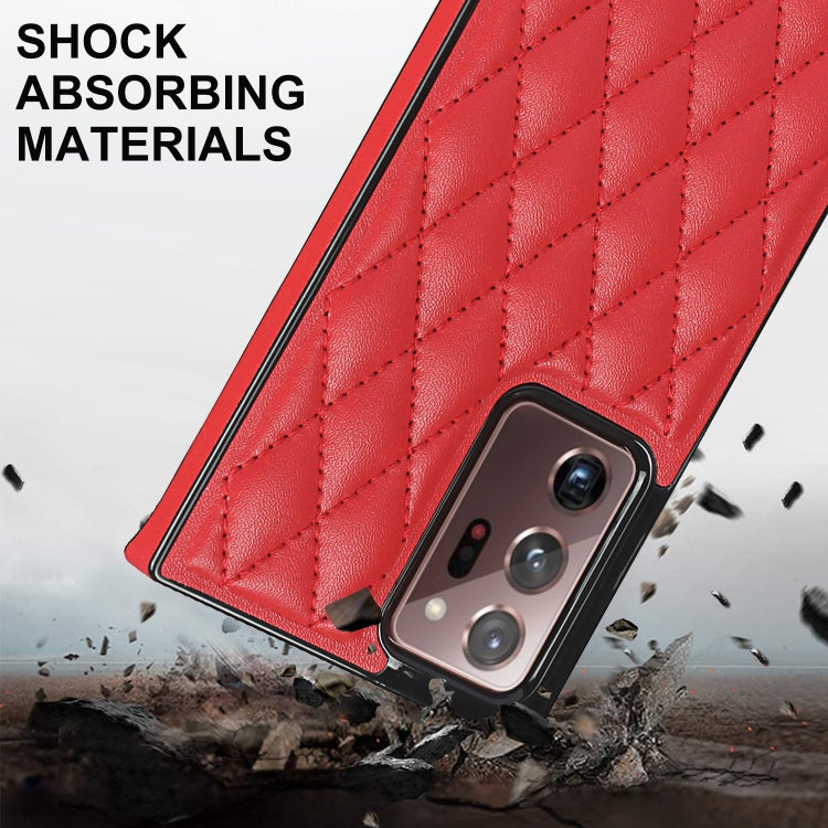 For Samsung Galaxy Note20 Ultra Elegant Rhombic Pattern Microfiber Leather +TPU Shockproof Case with Crossbody Strap Chain