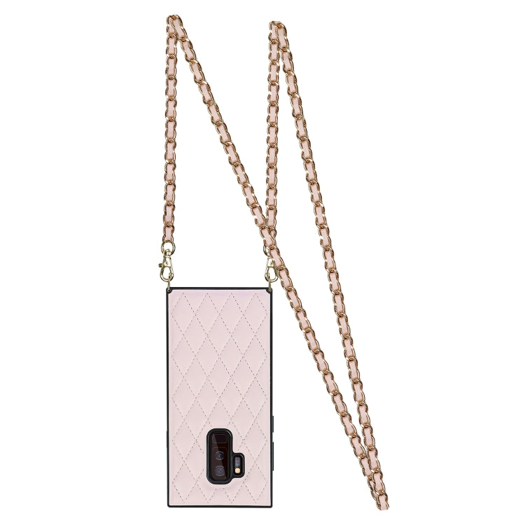 For Samsung Galaxy S9+ Elegant Rhombic Pattern Microfiber Leather +TPU Shockproof Case with Crossbody Strap Chain