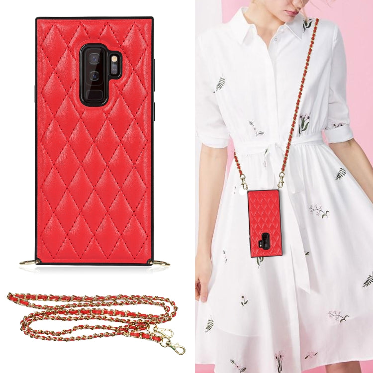 For Samsung Galaxy S9+ Elegant Rhombic Pattern Microfiber Leather +TPU Shockproof Case with Crossbody Strap Chain