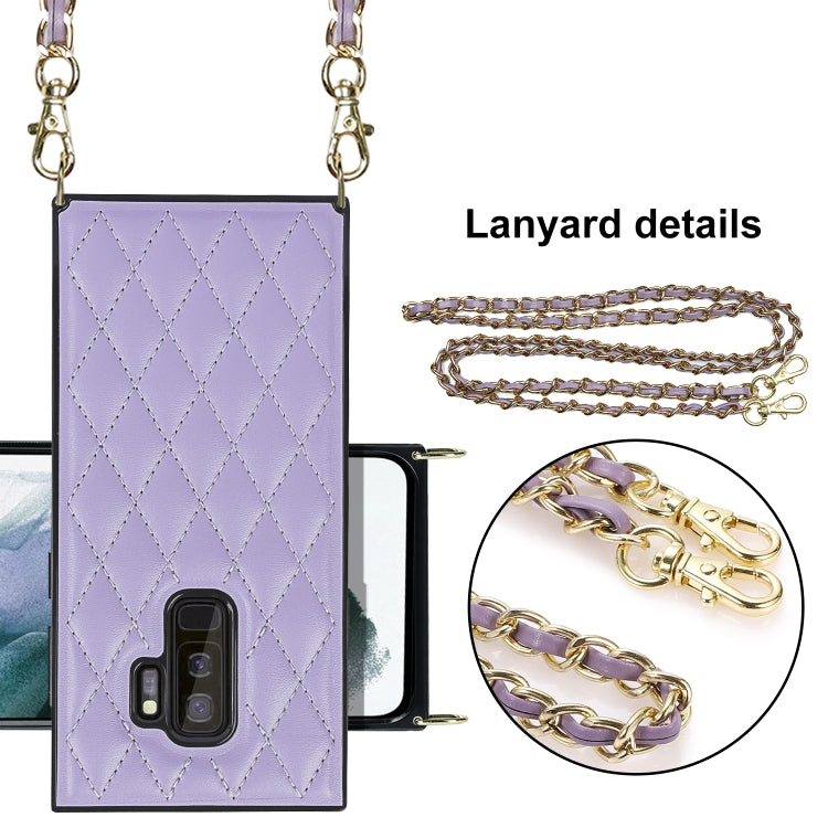 For Samsung Galaxy S9+ Elegant Rhombic Pattern Microfiber Leather +TPU Shockproof Case with Crossbody Strap Chain