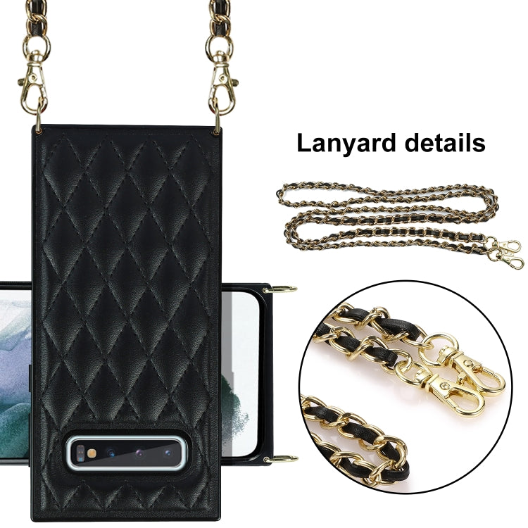For Samsung Galaxy S10 Elegant Rhombic Pattern Microfiber Leather +TPU Shockproof Case with Crossbody Strap Chain