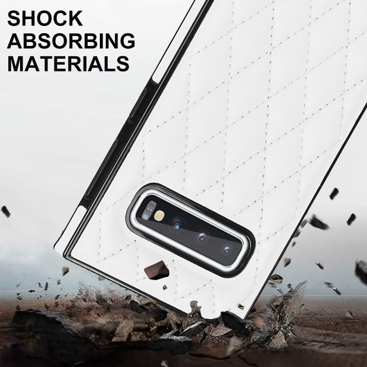 For Samsung Galaxy S10+ Elegant Rhombic Pattern Microfiber Leather +TPU Shockproof Case with Crossbody Strap Chain