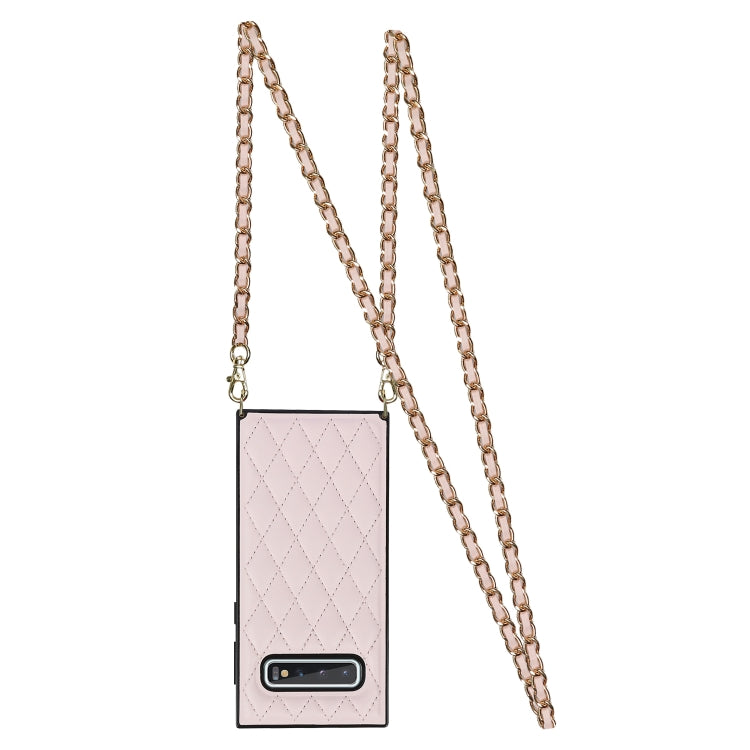 For Samsung Galaxy S10+ Elegant Rhombic Pattern Microfiber Leather +TPU Shockproof Case with Crossbody Strap Chain