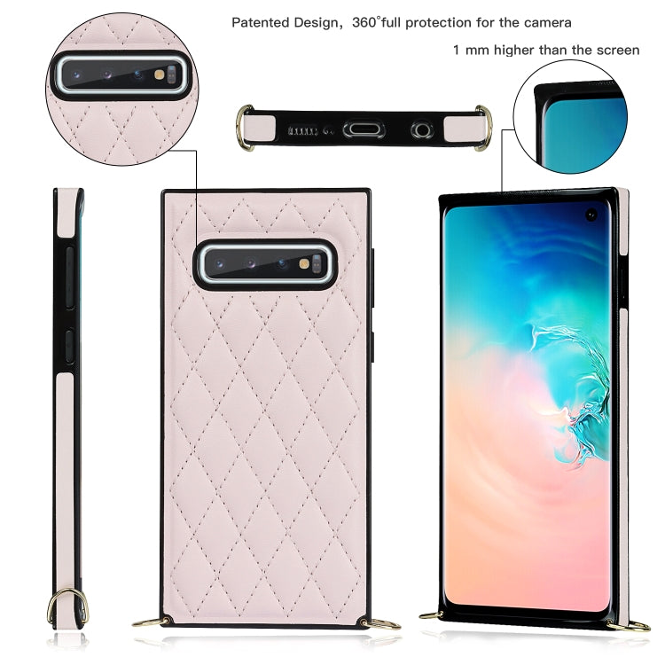 For Samsung Galaxy S10+ Elegant Rhombic Pattern Microfiber Leather +TPU Shockproof Case with Crossbody Strap Chain