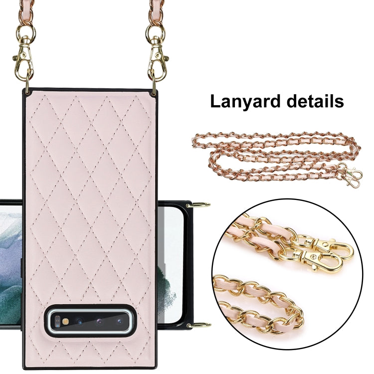 For Samsung Galaxy S10+ Elegant Rhombic Pattern Microfiber Leather +TPU Shockproof Case with Crossbody Strap Chain