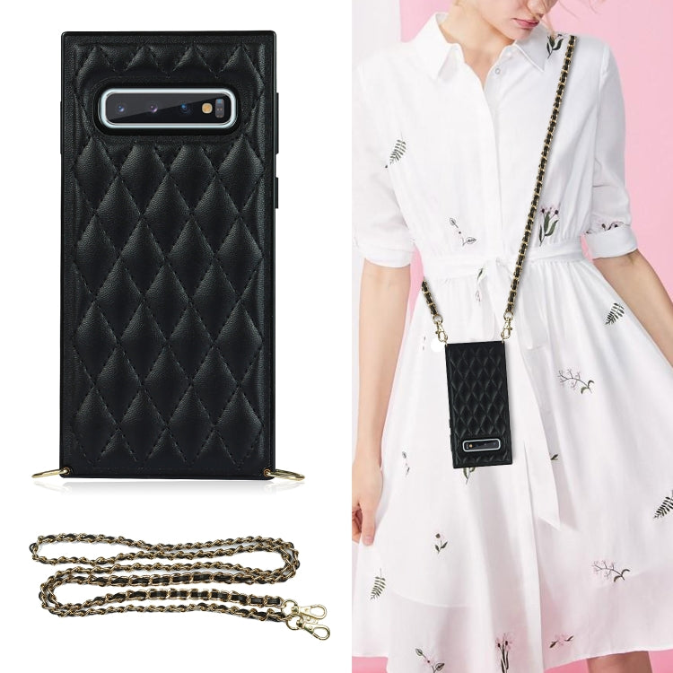 For Samsung Galaxy S10+ Elegant Rhombic Pattern Microfiber Leather +TPU Shockproof Case with Crossbody Strap Chain