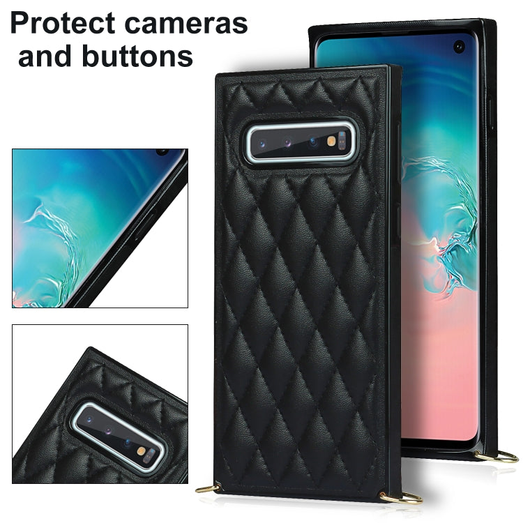 For Samsung Galaxy S10+ Elegant Rhombic Pattern Microfiber Leather +TPU Shockproof Case with Crossbody Strap Chain