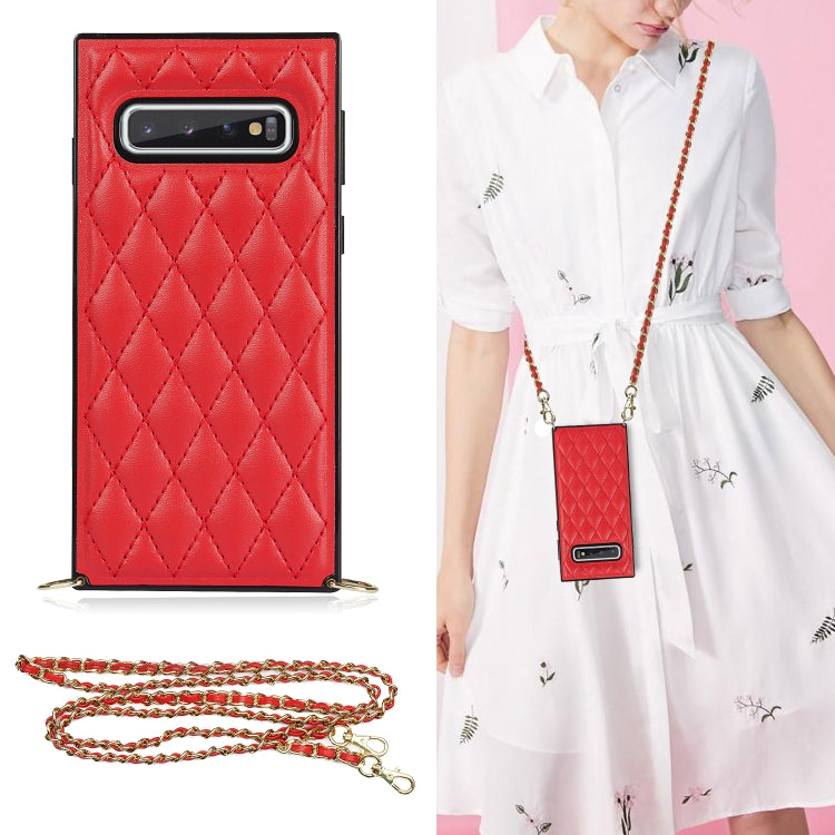 For Samsung Galaxy S10+ Elegant Rhombic Pattern Microfiber Leather +TPU Shockproof Case with Crossbody Strap Chain