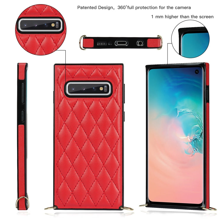 For Samsung Galaxy S10+ Elegant Rhombic Pattern Microfiber Leather +TPU Shockproof Case with Crossbody Strap Chain