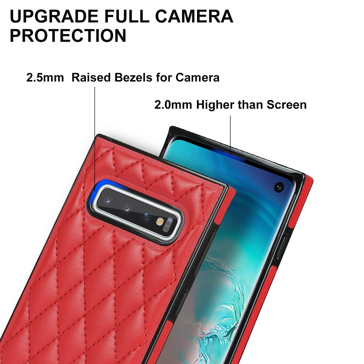 For Samsung Galaxy S10+ Elegant Rhombic Pattern Microfiber Leather +TPU Shockproof Case with Crossbody Strap Chain