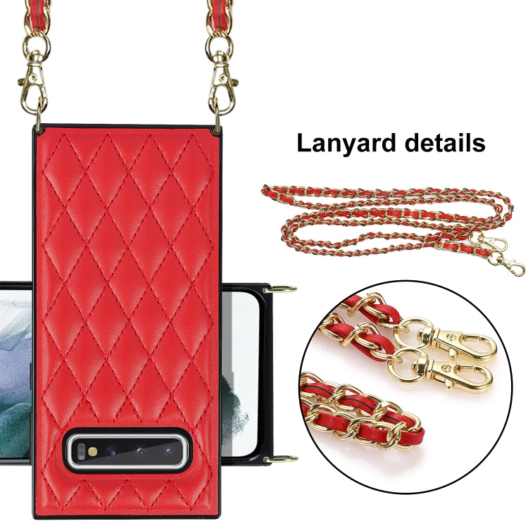 For Samsung Galaxy S10+ Elegant Rhombic Pattern Microfiber Leather +TPU Shockproof Case with Crossbody Strap Chain