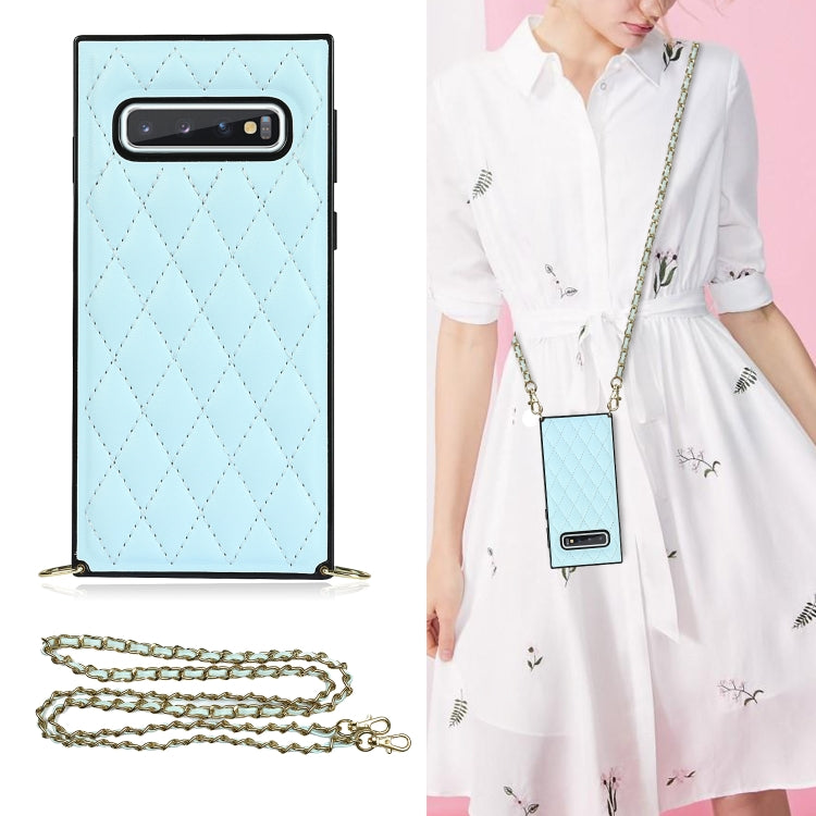 For Samsung Galaxy S10+ Elegant Rhombic Pattern Microfiber Leather +TPU Shockproof Case with Crossbody Strap Chain