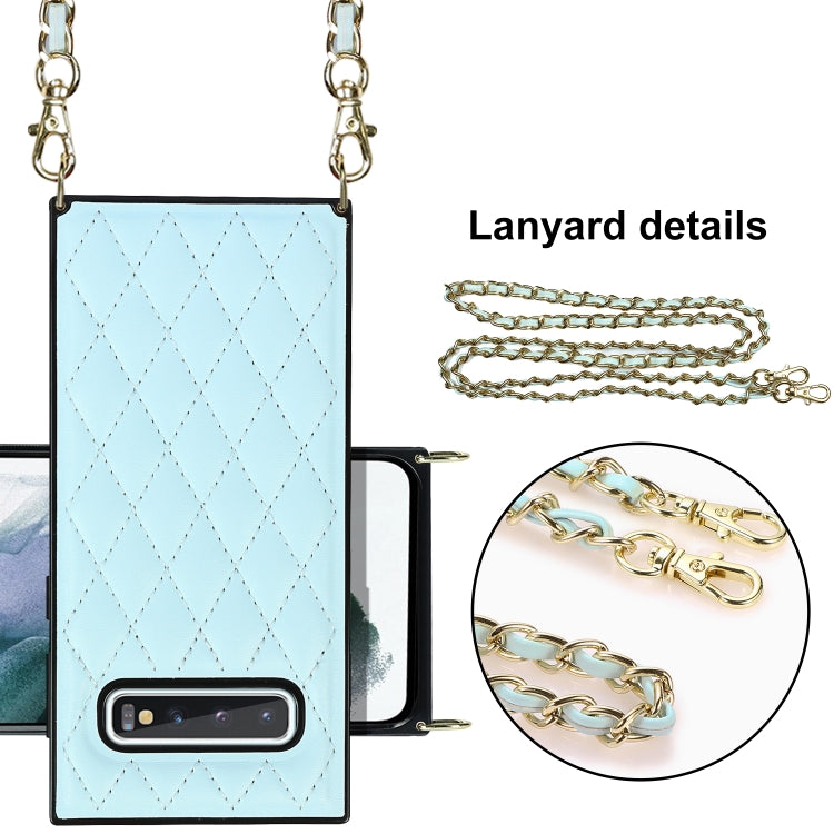 For Samsung Galaxy S10+ Elegant Rhombic Pattern Microfiber Leather +TPU Shockproof Case with Crossbody Strap Chain