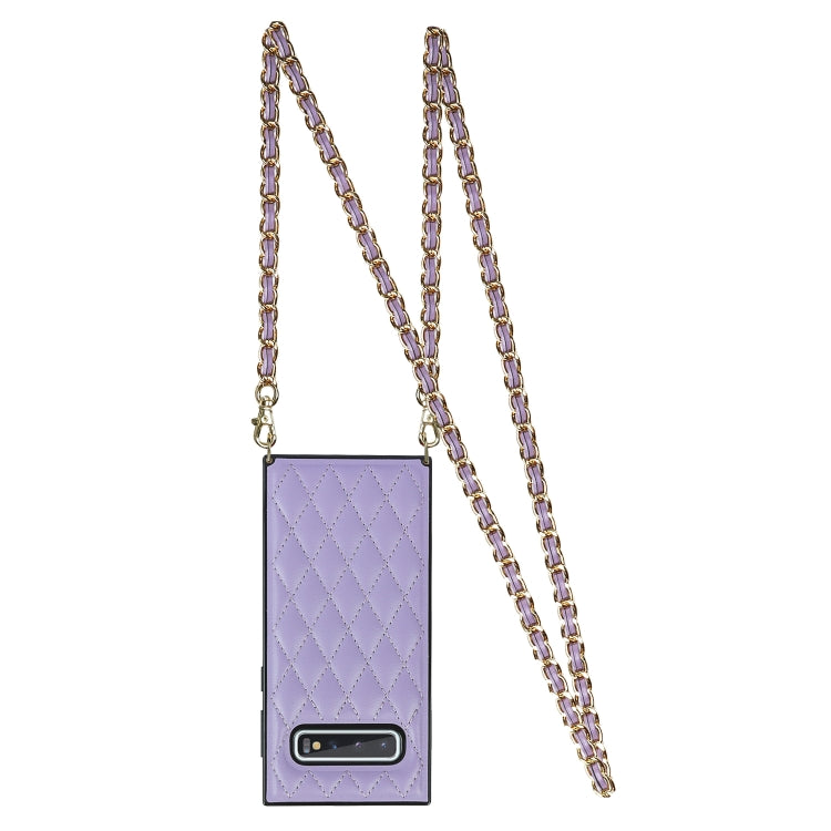 For Samsung Galaxy S10+ Elegant Rhombic Pattern Microfiber Leather +TPU Shockproof Case with Crossbody Strap Chain