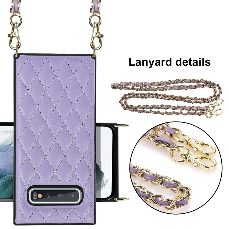 For Samsung Galaxy S10+ Elegant Rhombic Pattern Microfiber Leather +TPU Shockproof Case with Crossbody Strap Chain
