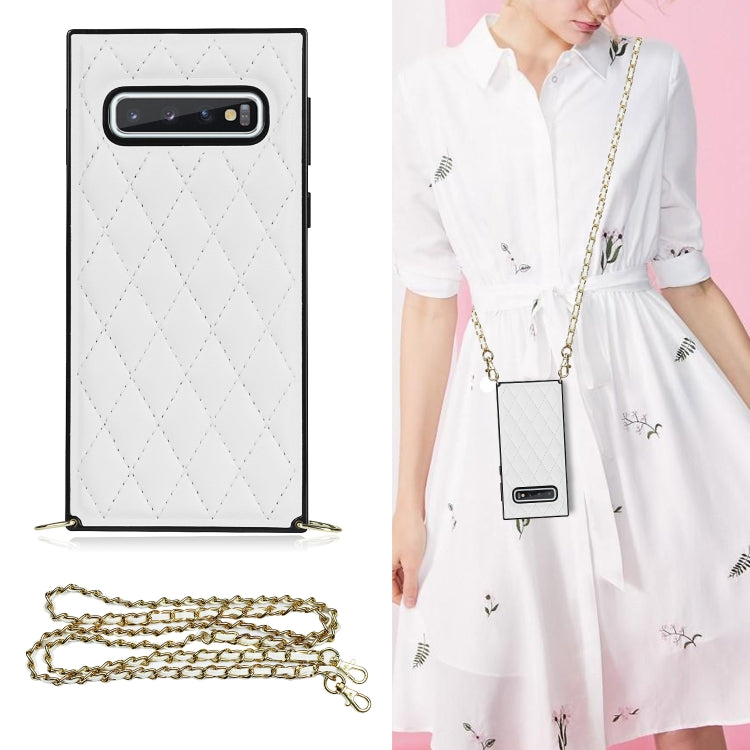 For Samsung Galaxy S10e Elegant Rhombic Pattern Microfiber Leather +TPU Shockproof Case with Crossbody Strap Chain