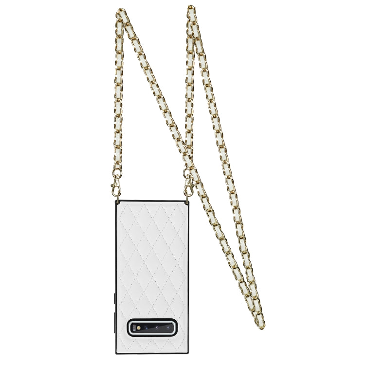 For Samsung Galaxy S10e Elegant Rhombic Pattern Microfiber Leather +TPU Shockproof Case with Crossbody Strap Chain