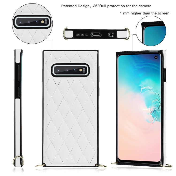 For Samsung Galaxy S10e Elegant Rhombic Pattern Microfiber Leather +TPU Shockproof Case with Crossbody Strap Chain