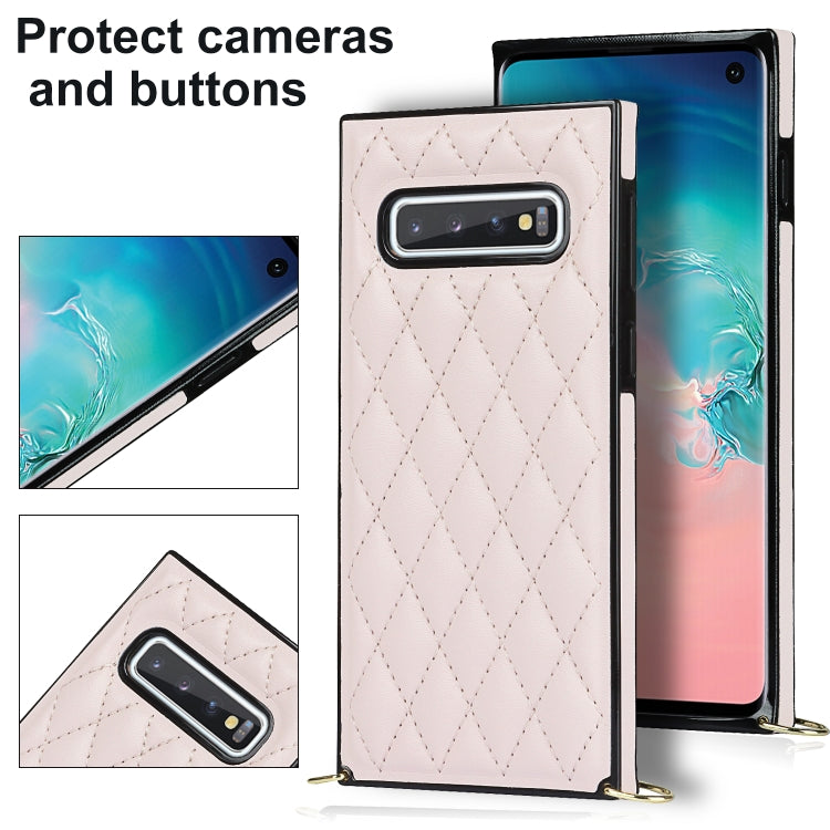 For Samsung Galaxy S10e Elegant Rhombic Pattern Microfiber Leather +TPU Shockproof Case with Crossbody Strap Chain