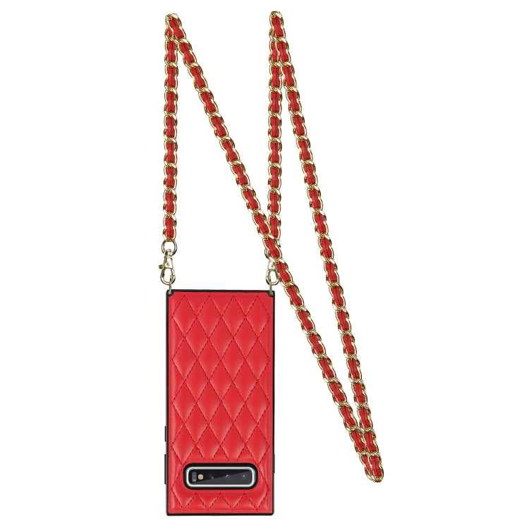 For Samsung Galaxy S10e Elegant Rhombic Pattern Microfiber Leather +TPU Shockproof Case with Crossbody Strap Chain