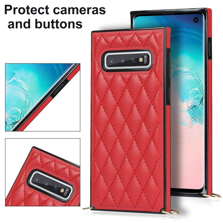 For Samsung Galaxy S10e Elegant Rhombic Pattern Microfiber Leather +TPU Shockproof Case with Crossbody Strap Chain
