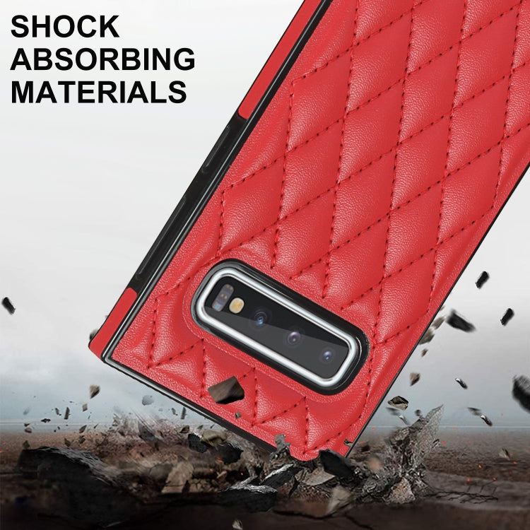 For Samsung Galaxy S10e Elegant Rhombic Pattern Microfiber Leather +TPU Shockproof Case with Crossbody Strap Chain