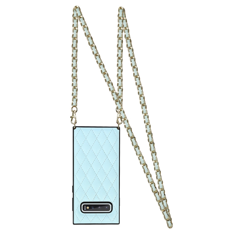 For Samsung Galaxy S10e Elegant Rhombic Pattern Microfiber Leather +TPU Shockproof Case with Crossbody Strap Chain