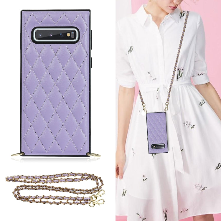For Samsung Galaxy S10e Elegant Rhombic Pattern Microfiber Leather +TPU Shockproof Case with Crossbody Strap Chain