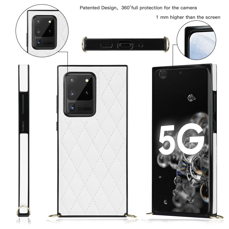 For Samsung Galaxy S20 Ultra Elegant Rhombic Pattern Microfiber Leather +TPU Shockproof Case with Crossbody Strap Chain
