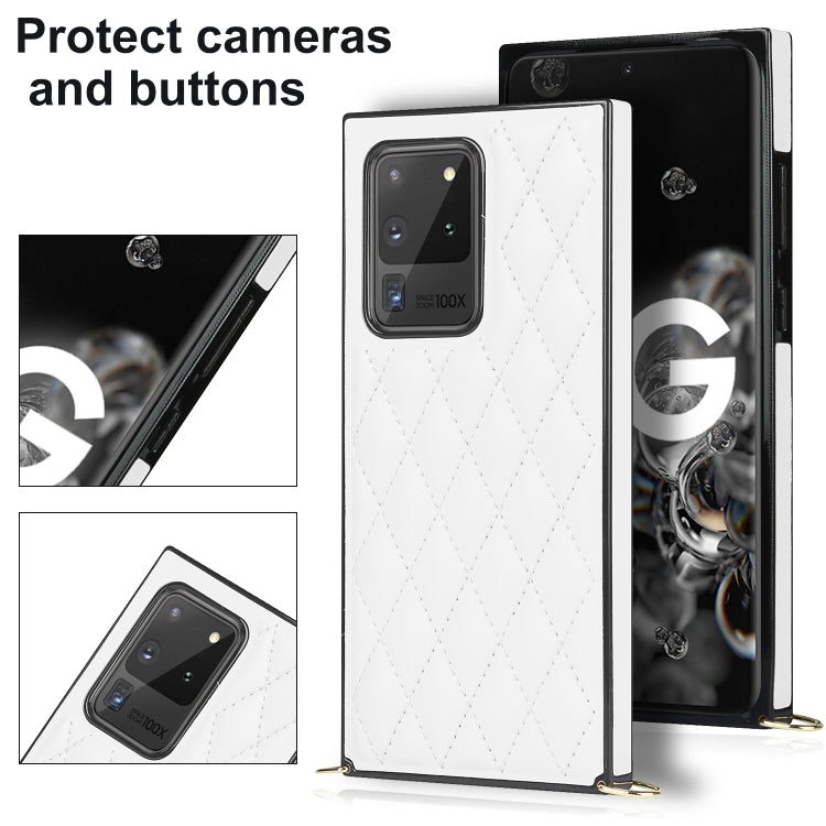 For Samsung Galaxy S20 Ultra Elegant Rhombic Pattern Microfiber Leather +TPU Shockproof Case with Crossbody Strap Chain