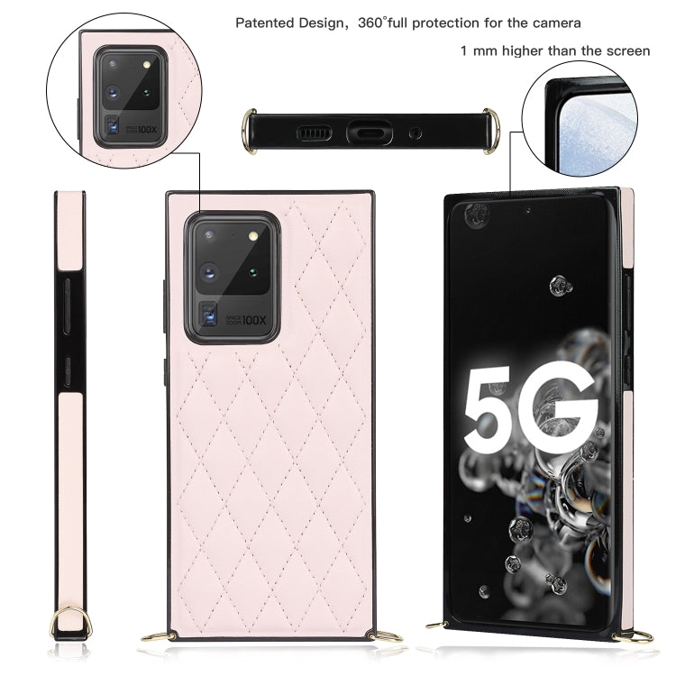 For Samsung Galaxy S20 Ultra Elegant Rhombic Pattern Microfiber Leather +TPU Shockproof Case with Crossbody Strap Chain