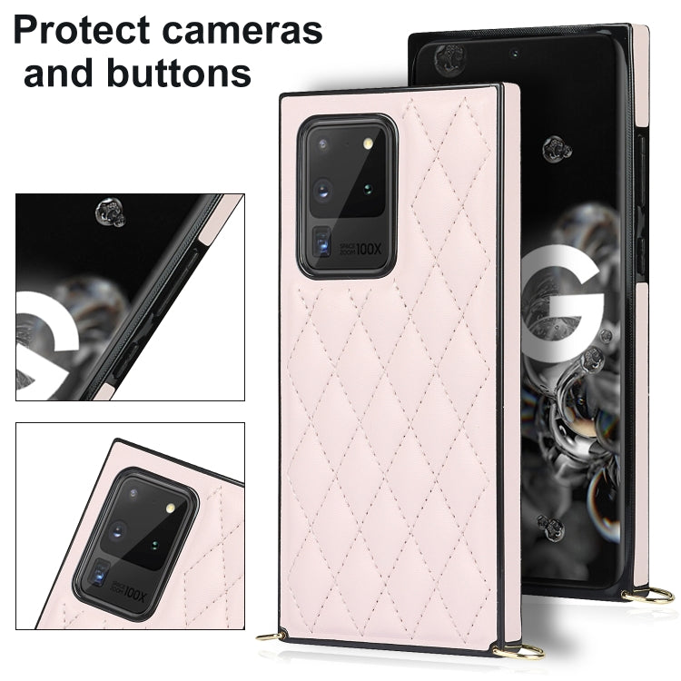 For Samsung Galaxy S20 Ultra Elegant Rhombic Pattern Microfiber Leather +TPU Shockproof Case with Crossbody Strap Chain