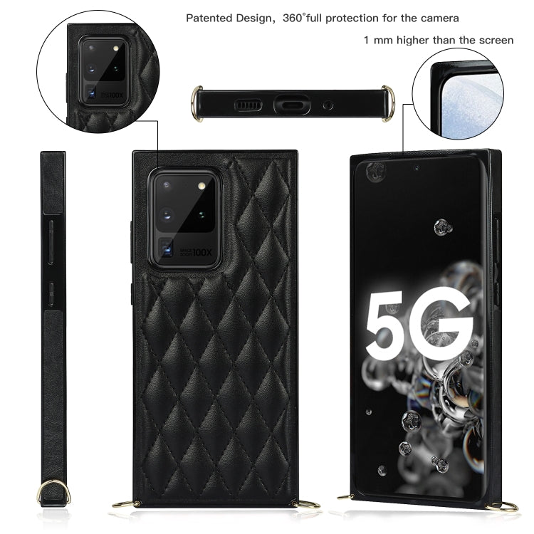 For Samsung Galaxy S20 Ultra Elegant Rhombic Pattern Microfiber Leather +TPU Shockproof Case with Crossbody Strap Chain