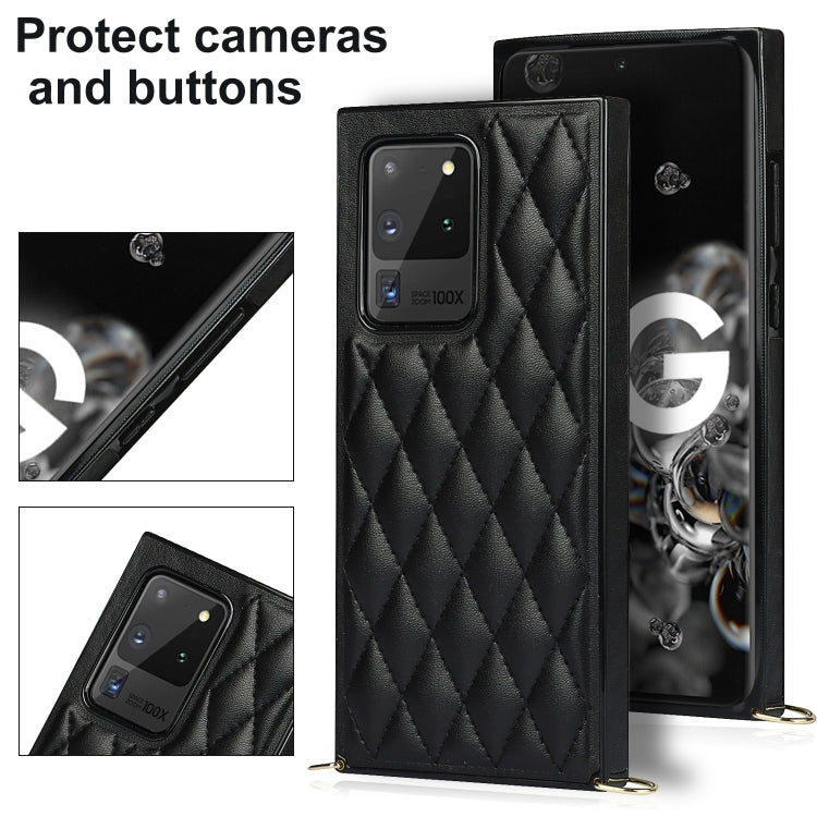 For Samsung Galaxy S20 Ultra Elegant Rhombic Pattern Microfiber Leather +TPU Shockproof Case with Crossbody Strap Chain