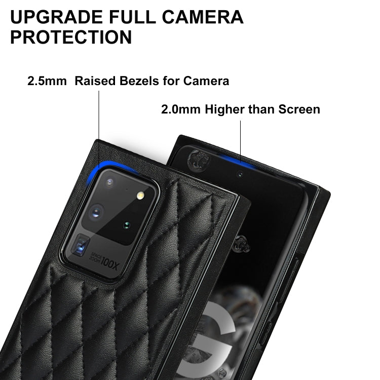 For Samsung Galaxy S20 Ultra Elegant Rhombic Pattern Microfiber Leather +TPU Shockproof Case with Crossbody Strap Chain