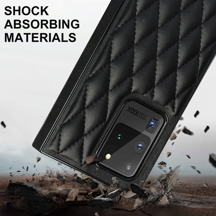 For Samsung Galaxy S20 Ultra Elegant Rhombic Pattern Microfiber Leather +TPU Shockproof Case with Crossbody Strap Chain