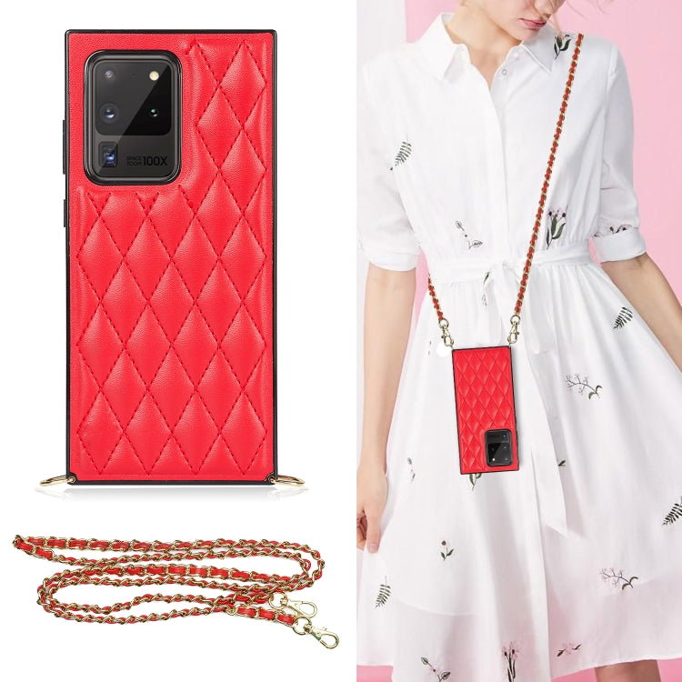 For Samsung Galaxy S20 Ultra Elegant Rhombic Pattern Microfiber Leather +TPU Shockproof Case with Crossbody Strap Chain