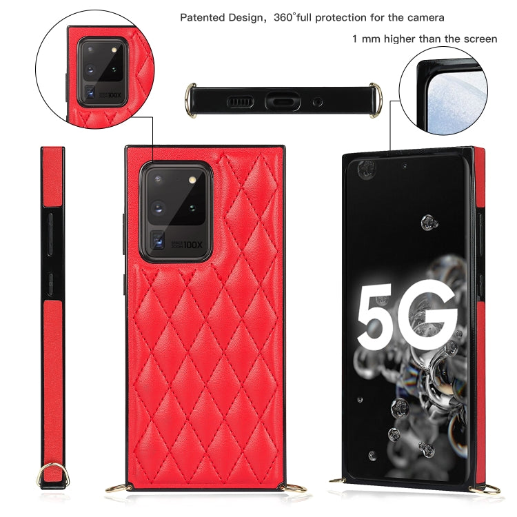 For Samsung Galaxy S20 Ultra Elegant Rhombic Pattern Microfiber Leather +TPU Shockproof Case with Crossbody Strap Chain