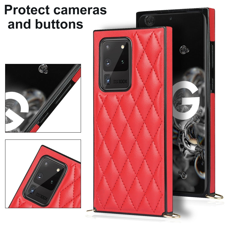 For Samsung Galaxy S20 Ultra Elegant Rhombic Pattern Microfiber Leather +TPU Shockproof Case with Crossbody Strap Chain