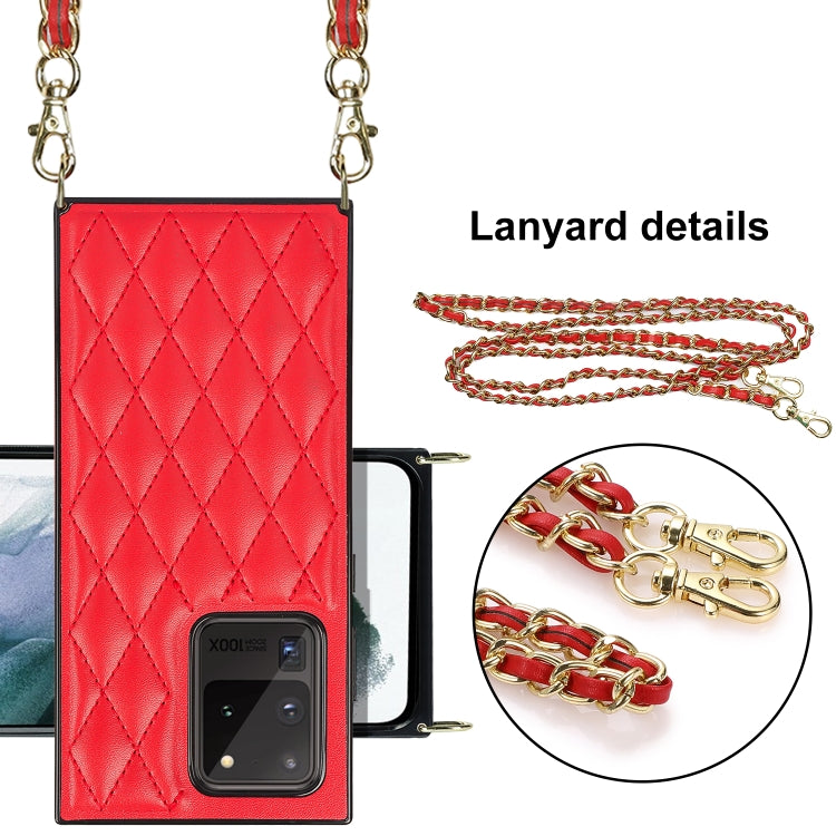 For Samsung Galaxy S20 Ultra Elegant Rhombic Pattern Microfiber Leather +TPU Shockproof Case with Crossbody Strap Chain
