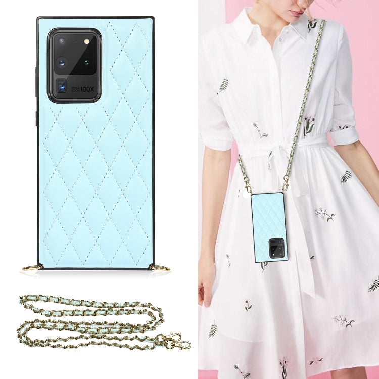 For Samsung Galaxy S20 Ultra Elegant Rhombic Pattern Microfiber Leather +TPU Shockproof Case with Crossbody Strap Chain