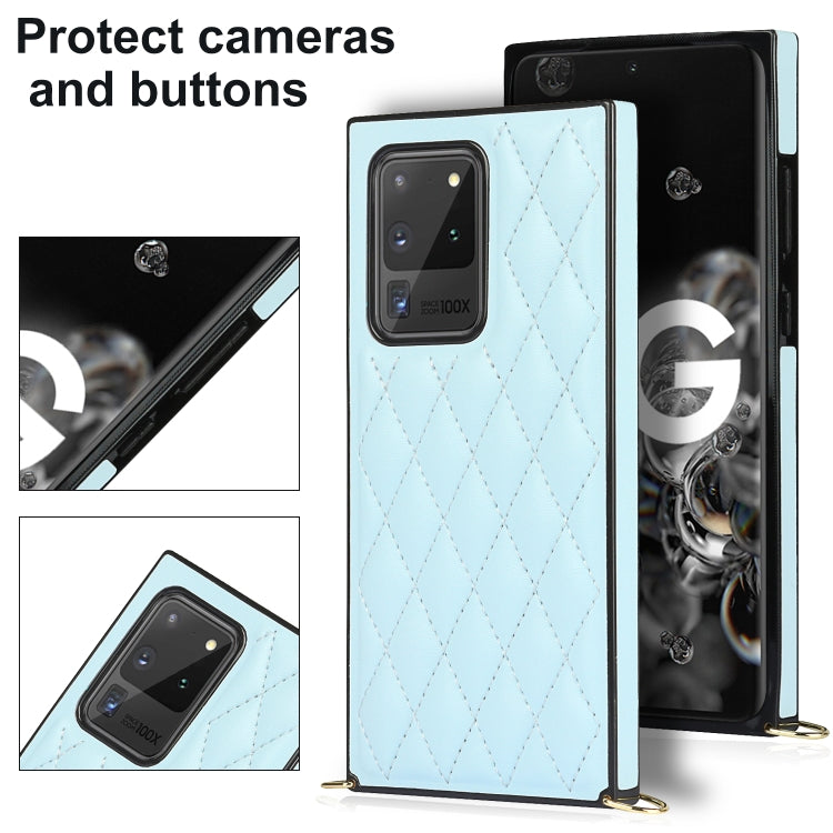 For Samsung Galaxy S20 Ultra Elegant Rhombic Pattern Microfiber Leather +TPU Shockproof Case with Crossbody Strap Chain