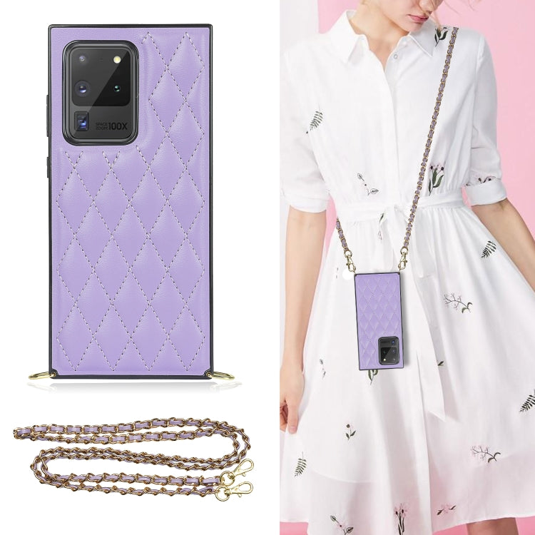For Samsung Galaxy S20 Ultra Elegant Rhombic Pattern Microfiber Leather +TPU Shockproof Case with Crossbody Strap Chain