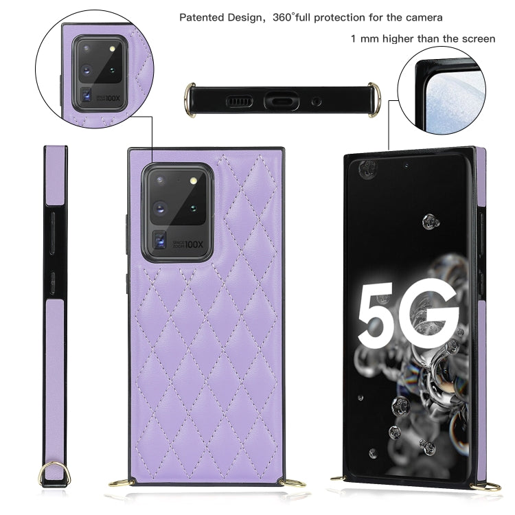 For Samsung Galaxy S20 Ultra Elegant Rhombic Pattern Microfiber Leather +TPU Shockproof Case with Crossbody Strap Chain