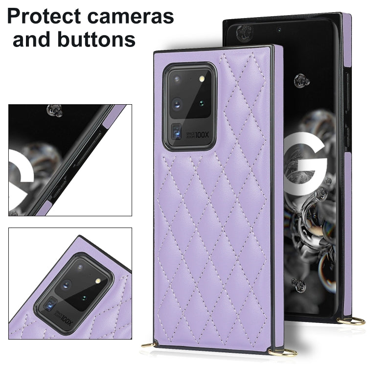 For Samsung Galaxy S20 Ultra Elegant Rhombic Pattern Microfiber Leather +TPU Shockproof Case with Crossbody Strap Chain