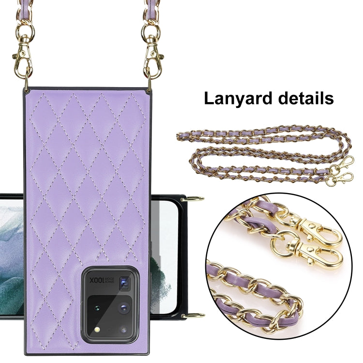 For Samsung Galaxy S20 Ultra Elegant Rhombic Pattern Microfiber Leather +TPU Shockproof Case with Crossbody Strap Chain